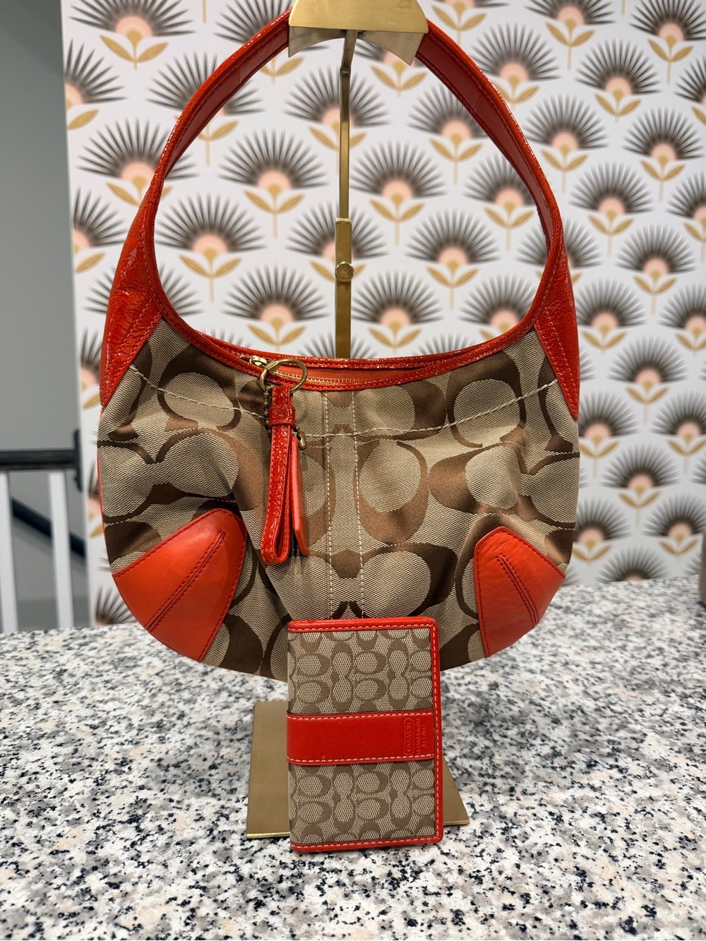 Coach Signature Canvas Hobo Shoulder Bag with Orange/Red Trim